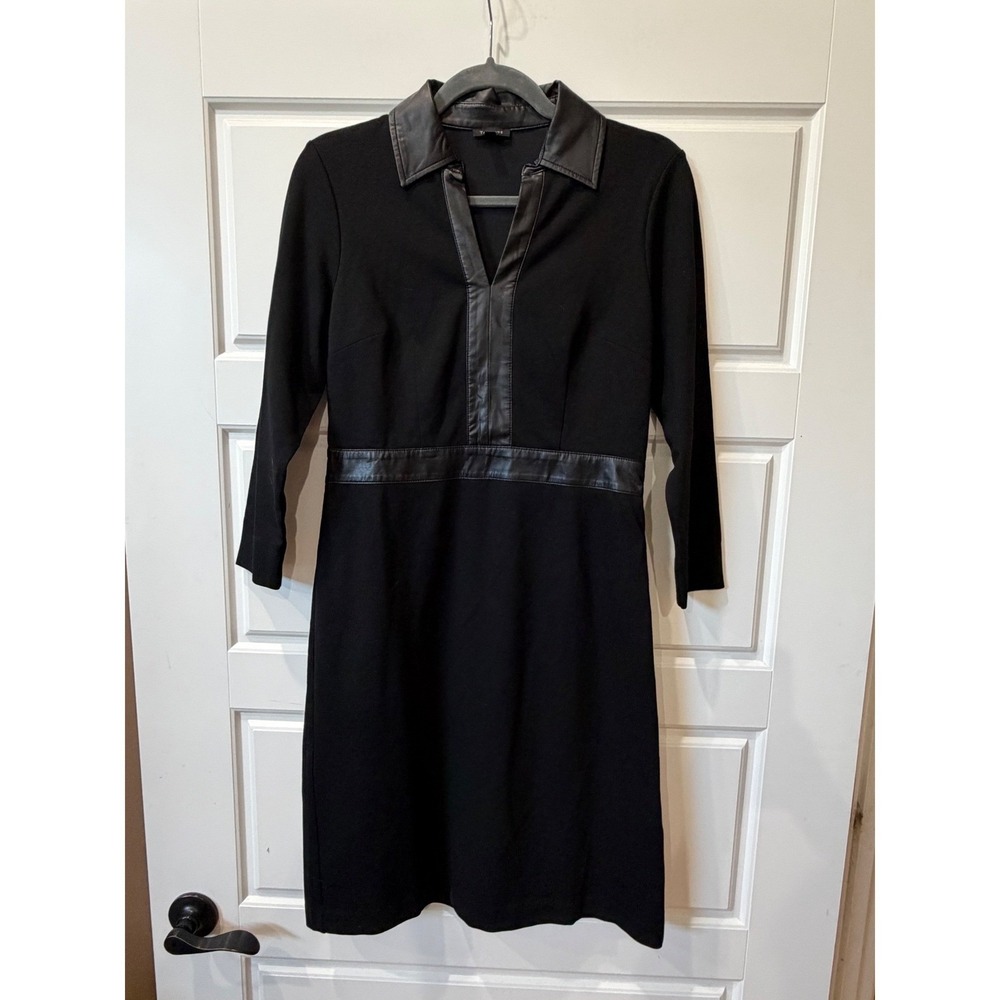 Talbots Black Faux Leather Trim Sheath Dress Size 2 Minimalist Dark Academia